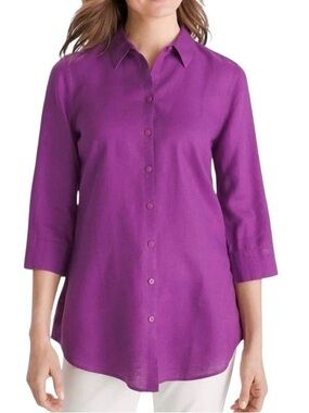 Chico's Size 1 (US 8/10) Parisian  Purple No Iron 100% Linen Button Down Tunic